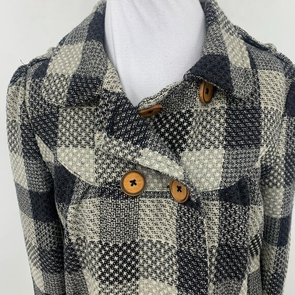 Billabong Pea Coat Blazer Womens M Medium Multi Checkered Wool Blend Button Up - Picture 6 of 12